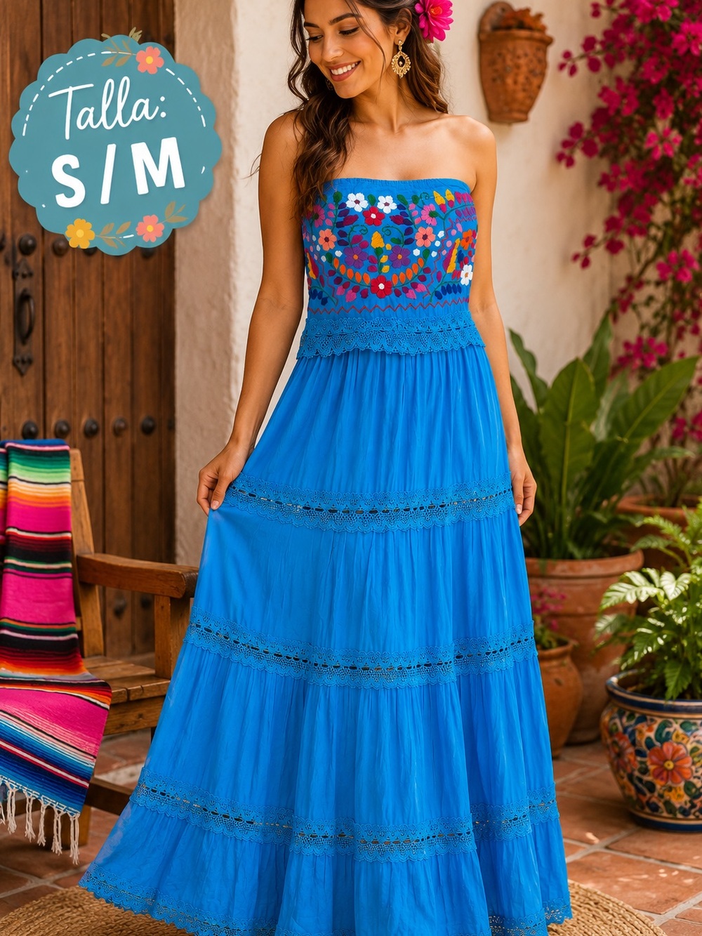 Mexican Blue Strapless Embroidered Maxi Dress
